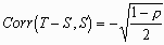 Math equation: correlation of T minus S and S = minus root ( (1 minus rho) over 2)