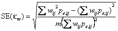 square root of all of sigma w i j squared p e i j minus bracket sigma w i j p e i j bracket squared over m bracket sigma w i j p e i j bracket squared.
