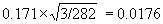 Calculation: 0.171 times root 3 over 282 is equal to 0.0176.