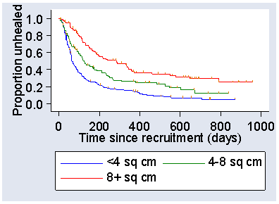 Three survival curves like Figure 5, representing <4 sq cm, 4-9 sq cm, 8+ sq cm, <4 sq cm and 4-8 sq cm are close together up to time=50, otherwise the three diverge rapidly then stay roughly parallel, <4 sq cm is lowest, 8+ sq cm is highest.