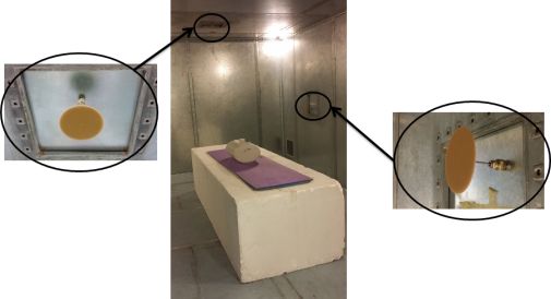 Inside of the RCP room, showing antennas and fluid-filled test object Inside of the RCP room, showing antennas and fluid-filled test object