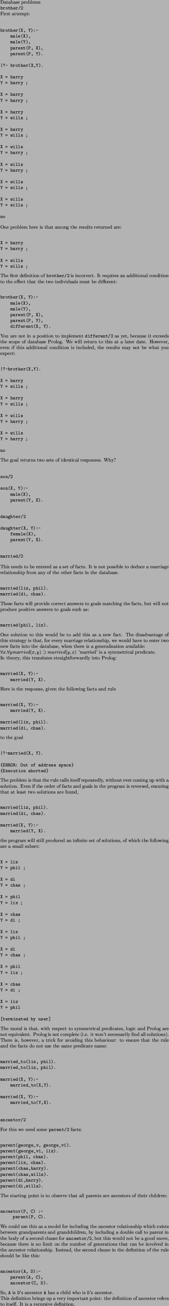 \begin{solution}Database problems
 
\noindent
\texttt{brother/2}

\noindent
Firs...
...ancestor refers to itself. It is a recursive definition.
\newpage
\end{solution}